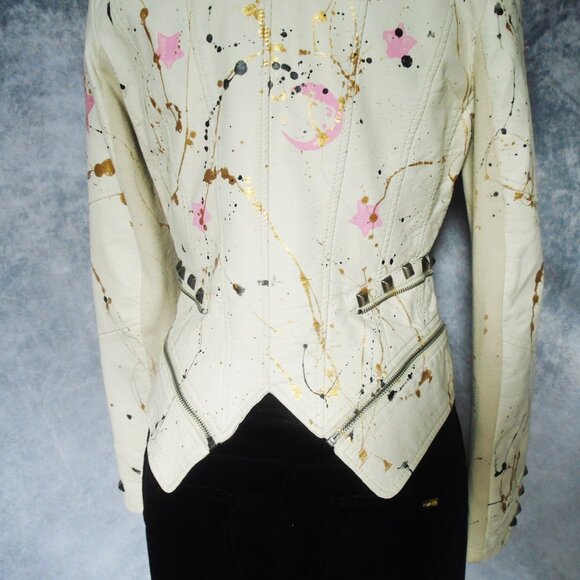 White Moto Jacket Celestial Pink Stars, Vegan Leather, Studs, Wearable Art - Picture 10 of 16